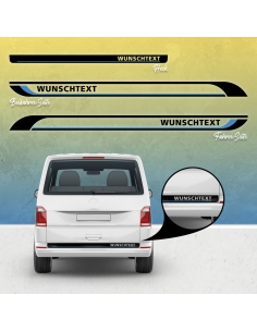 B-Ware Aufkleber - Seiten-Streifen Set/Dekor passend für VW  T6 Bus - zweifarbig ohne Wunschtext Clean in Schwarz Matt / Olympic