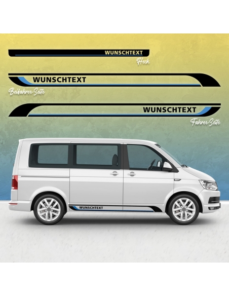 B-Ware Aufkleber - Seiten-Streifen Set passend für VW  T6 Bus kurz - zweifarbig "WT: Race Shuttle" in Weiss Glanz / Deep Red
