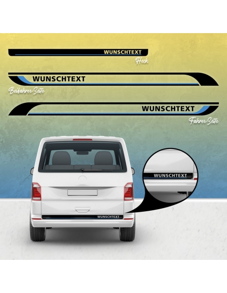 B-Ware Aufkleber - Seiten-Streifen Set passend für VW  T6 Bus kurz - zweifarbig "WT: Race Shuttle" in Weiss Glanz / Deep Red