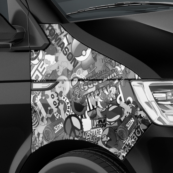 Stickerbomb Car Foil for 3D Car Wrapping with Air Ducts, Logos & Brands - Cartoon - Black/White
