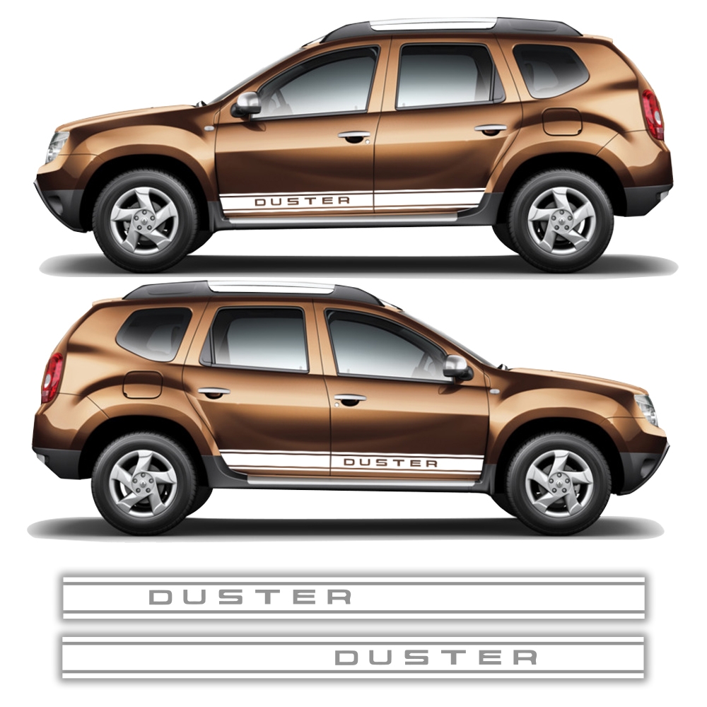 B-Ware Aufkleber - Seiten-Streifen Set/Dekor passend für Dacia Duster  Original Text: Duster Weiß Glanz