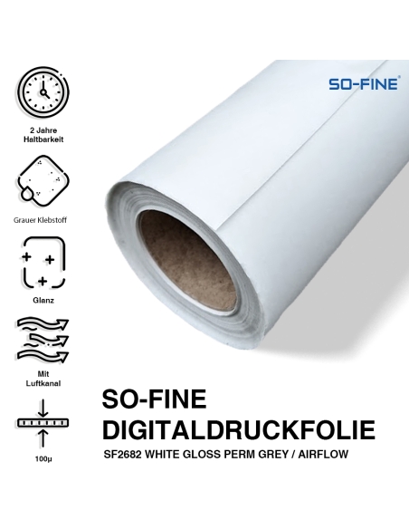 SO-FINE Druckfolie: Monomer weiß glänzend, Ablösbar, Luftkanal-technik, 1370mmx50m
