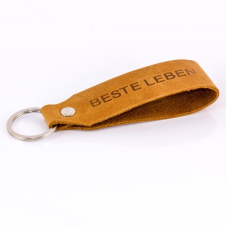 Key chain "Samui" - stamping "Beste Leben", brown leather - handcraft - fair-frade - Tumatsch