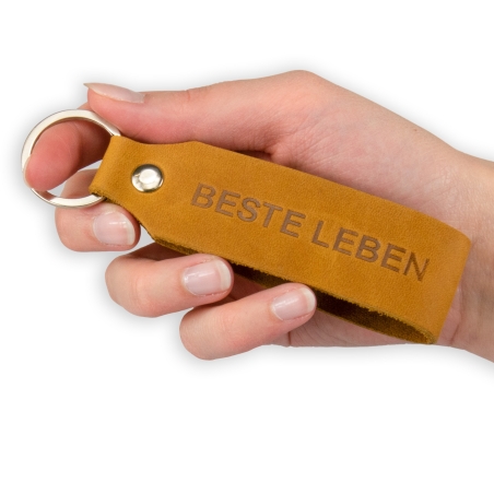 Key chain "Samui" - stamping "Beste Leben", brown leather - handcraft - fair-frade - Tumatsch