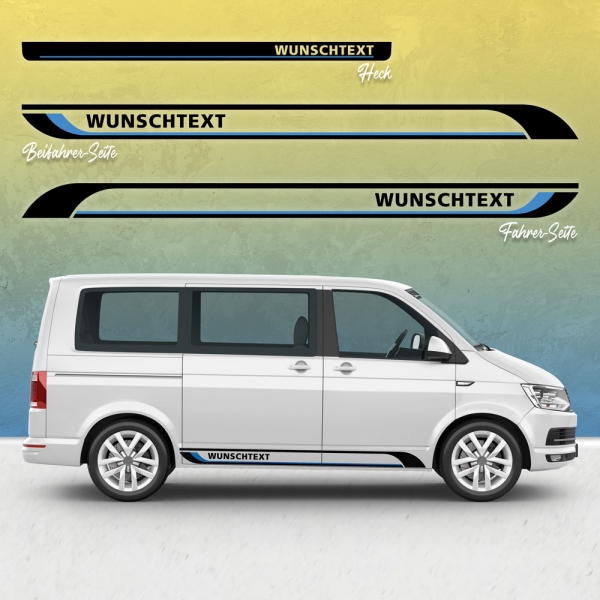 Zweifarbiges Seitenstreifen Set/Dekor passend für Volkswagen / VW T5 & T6 Bus in Wunschfarbe mit Wunschtext