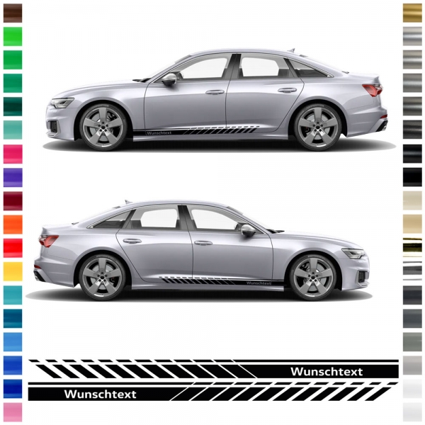 Aufkleber - Seiten-Streifen Set/Dekor passend für Audi A6 in Wunschfarbe mit Wunschtext