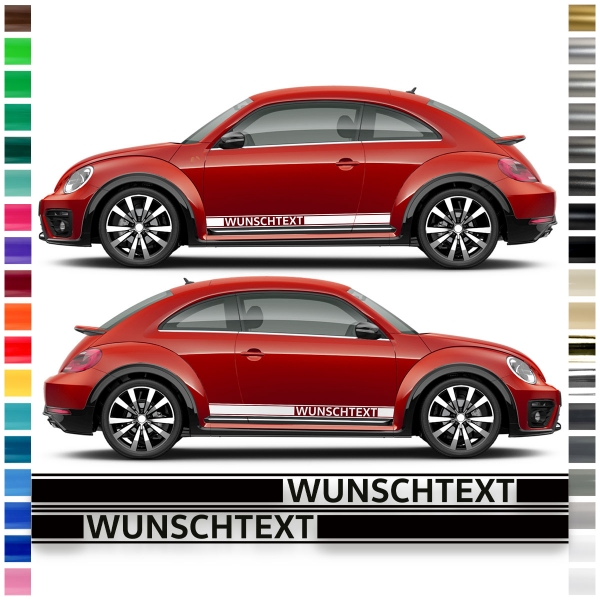 Aufkleber - Seiten-Streifen Set/Dekor passend für VW / Volkswagen Beetle mit Wunschtext in Wunschfarbe