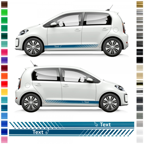 "Wunschtext" mit Stecker Seitenstreifen Set/Dekor passend für Volkswagen / VW E-UP in Wunschfarbe