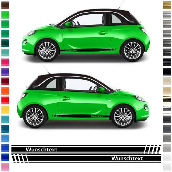 Aufkleber - Seiten-Streifen Set/Dekor passend für Opel Adam in Wunschfarbe und mit Wunschtext