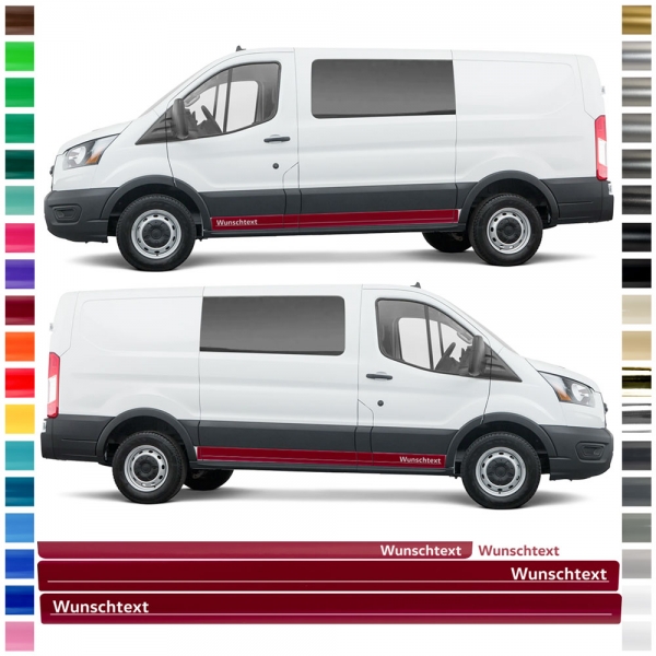 Aufkleber - Seiten-Streifen Set/Dekor passend für Ford Transit in Wunschfarbe - Motiv: Standard mit Wunschtext