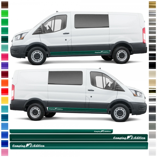 Aufkleber - Seiten-Streifen Set/Dekor passend für Ford Transit in Wunschfarbe - Motiv: Camping Edition Standard