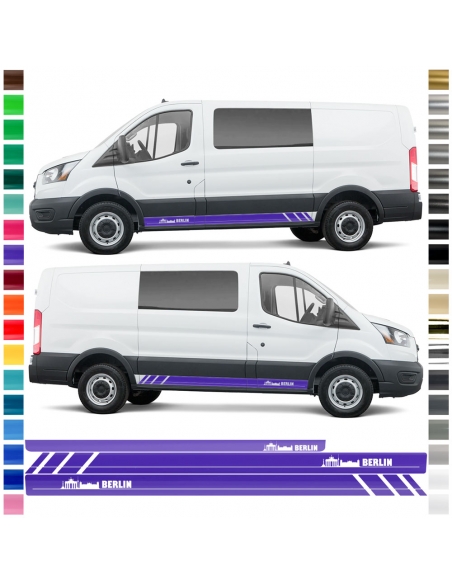 Aufkleber - Seiten-Streifen Set/Dekor passend für Ford Transit in Wunschfarbe - Motiv: Berlin Skyline Racing