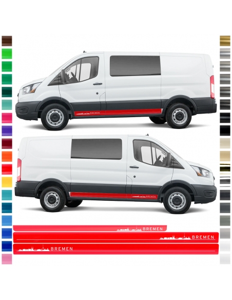 Aufkleber - Seiten-Streifen Set/Dekor passend für Ford Transit in Wunschfarbe - Motiv: Bremen Skyline Original