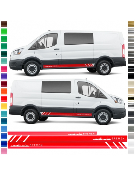 Aufkleber - Seiten-Streifen Set/Dekor passend für Ford Transit in Wunschfarbe - Motiv: Bremen Skyline Racing