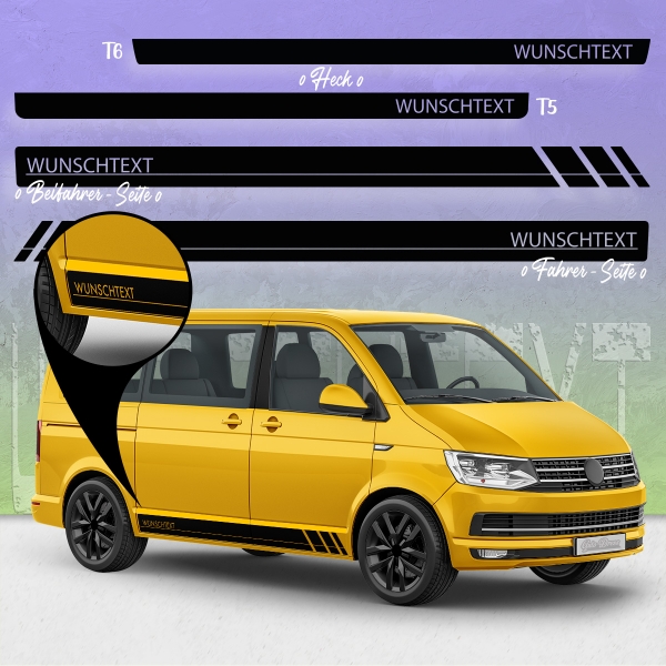 "Wunschtext" Racing Seitenstreifen Set/Dekor passend für VW T5 & T6 Bus in Wunschfarbe