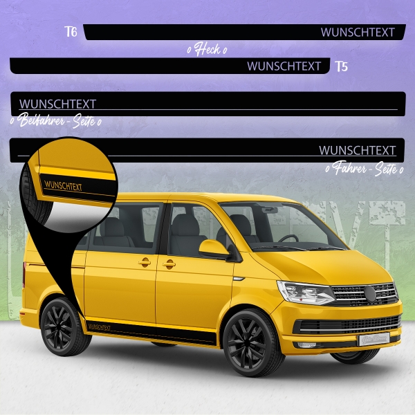 "Wunschtext" Standard Seitenstreifen Set/Dekor passend für VW T5 & T6 Bus in Wunschfarbe