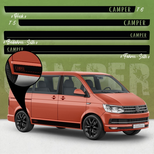 "Camper Original" Seitenstreifen Set/Dekor passend für Volkswagen/VW T4, T5 & T6 Bus in Wunschfarbe