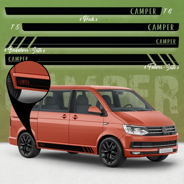 "Camper Racing" Seitenstreifen Set/Dekor passend für Volkswagen/VW T5 & T6 Bus in Wunschfarbe
