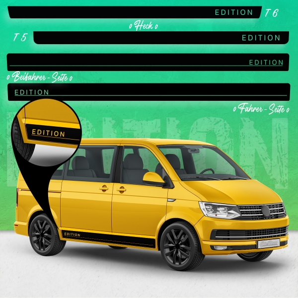Aufkleber - Seiten-Streifen Set/Dekor passend für Volkswagen / VW T5 & T6 Edition Bus in Wunschfarbe