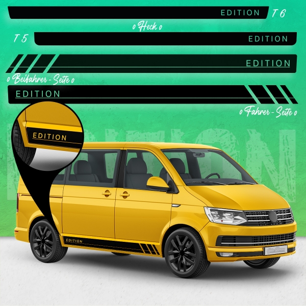 Aufkleber - Seiten-Streifen Set/Dekor passend für Volkswagen / VW T5 & T6 Edition R Bus in Wunschfarbe