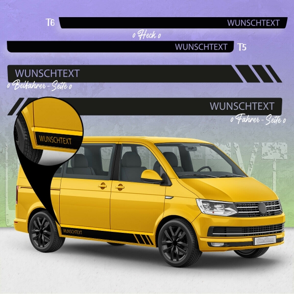 Aufkleber - Seiten-Streifen Set/Dekor passend für Volkswagen / VW T5 & T6 Wolfsburg-Edition R Bus in Wunschfarbe