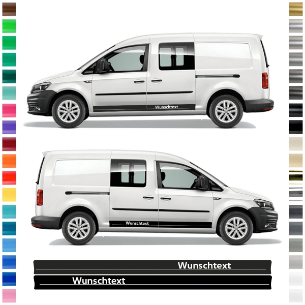 Aufkleber - Seiten-Streifen Set/Dekor passend für VW / Volkswagen Caddy Maxi in Wunschfarbe mit Wunschtext