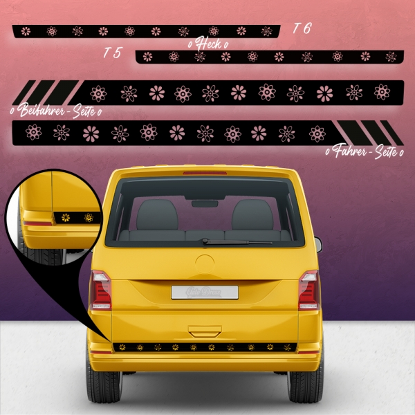 VW T5 & T6 Seiten-StreifenSet/Dekor - Blumen Racing | Wunschfarbe