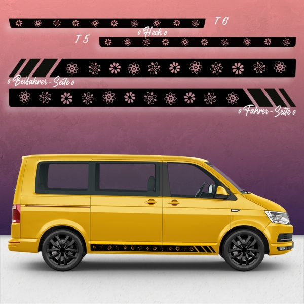 VW T5 & T6 Seiten-StreifenSet/Dekor - Blumen Racing | Wunschfarbe