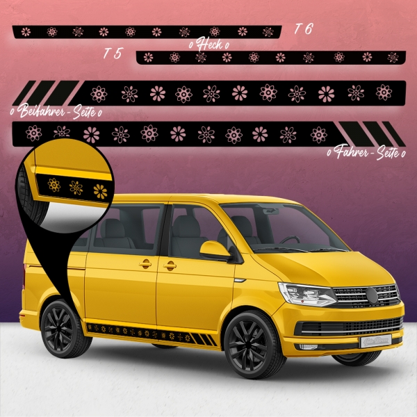VW T5 & T6 Seiten-StreifenSet/Dekor - Blumen Racing | Wunschfarbe