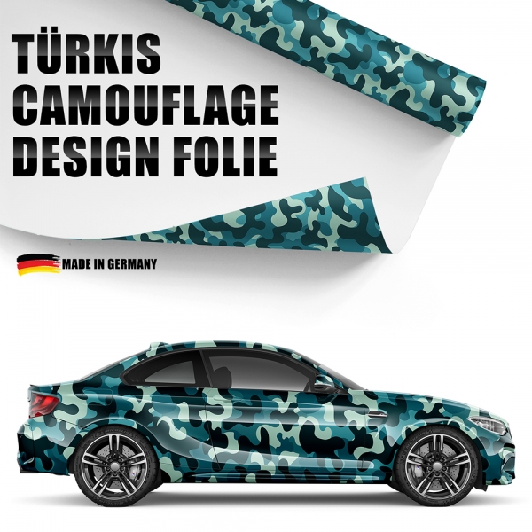 "Design Auto-Folie: Türkis Camouflage 3D Car-Wrapping - blasenfrei,