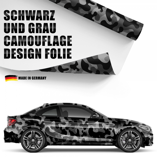Design Auto-Folie: Schwarz/Grau Camouflage, 3D Car-Wrapping, blasenfr