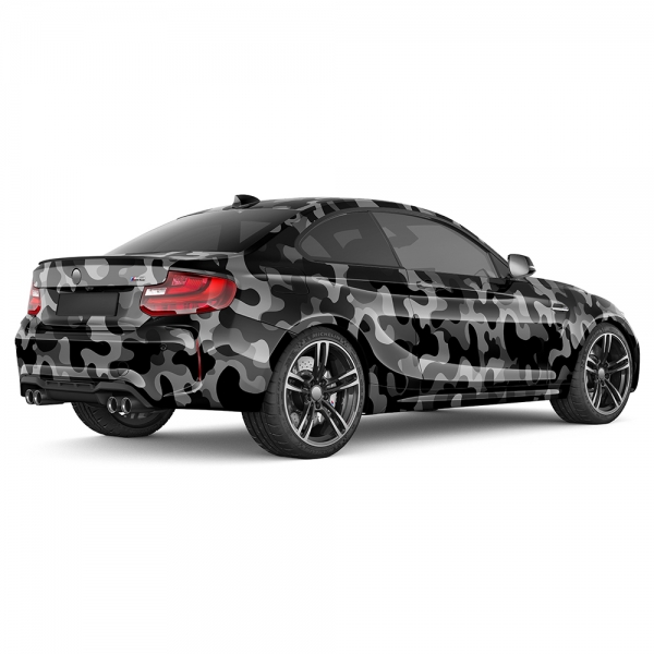 Design Auto-Folie: Schwarz/Grau Camouflage, 3D Car-Wrapping, blasenfr