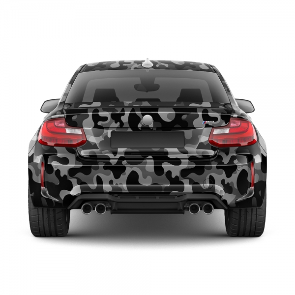 Design Auto-Folie: Schwarz/Grau Camouflage, 3D Car-Wrapping, blasenfr