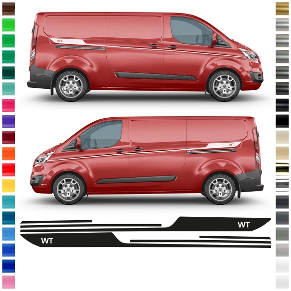 Seiten-Streifen Set/Dekor passend für Ford Transit Custom in Wunschfarbe mit Wunschtext